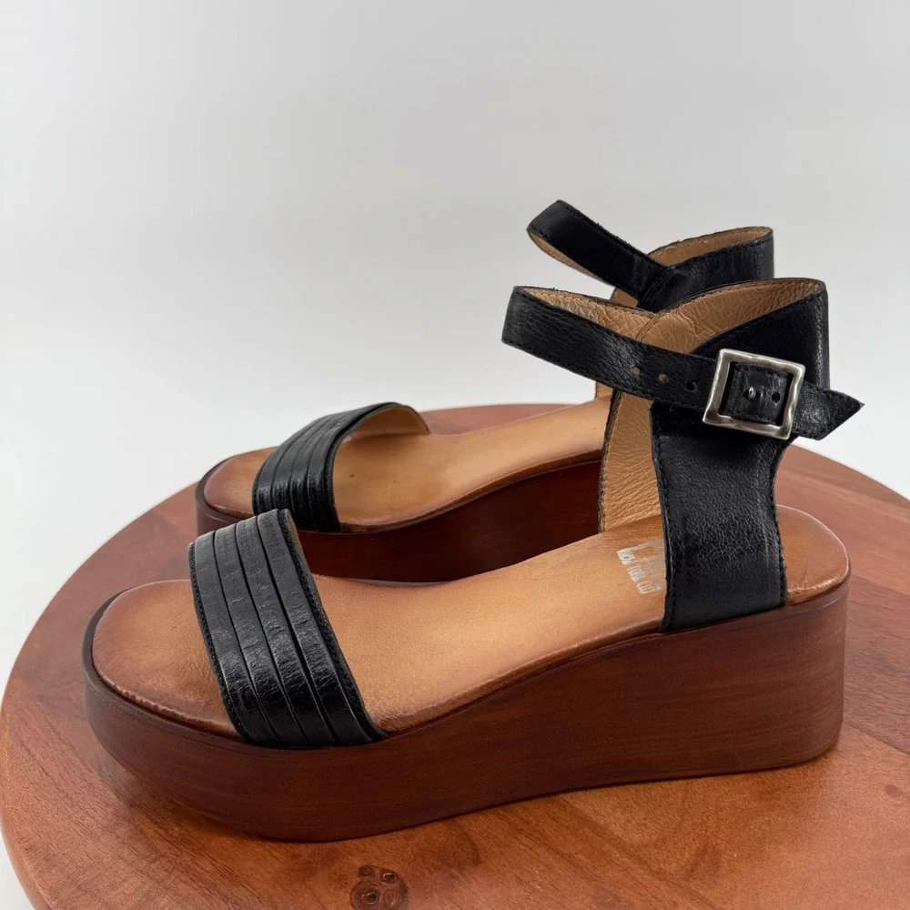 Miz Mooz Gwyneth Black Leather Platform Wedge Sandals Womens EU‎ 42/US 10.5-11